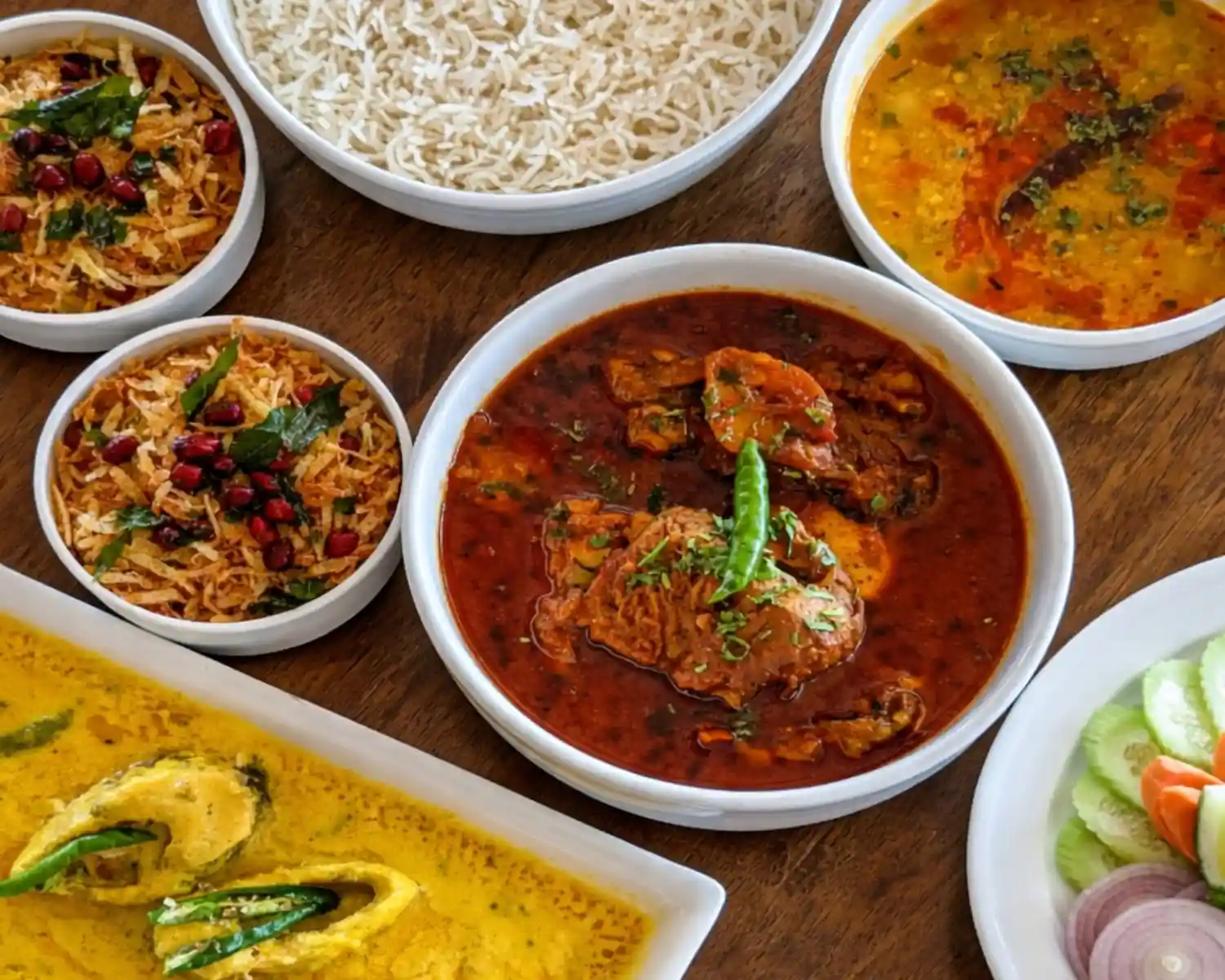 Traditional Bengali food meal with rice, fish curry, chicken curry and dal served during Sundarban tour.